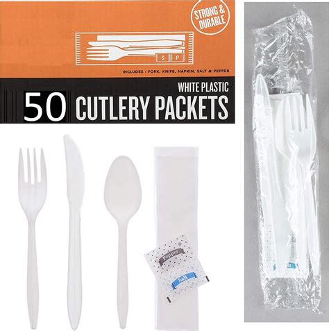 50 Plastic Cutlery Packets - Knife Fork Spoon Napkin Salt Pepper Sets  White Plastic Silverware Sets Individually Wrapped Cutlery Kits, Bulk Plastic Utensil Cutlery Set Disposable To Go Silverware